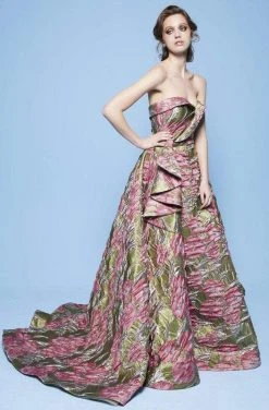Prom Dresses MNM Couture - N0231 Folded Strapless Sweetheart Metallic Floral Gown