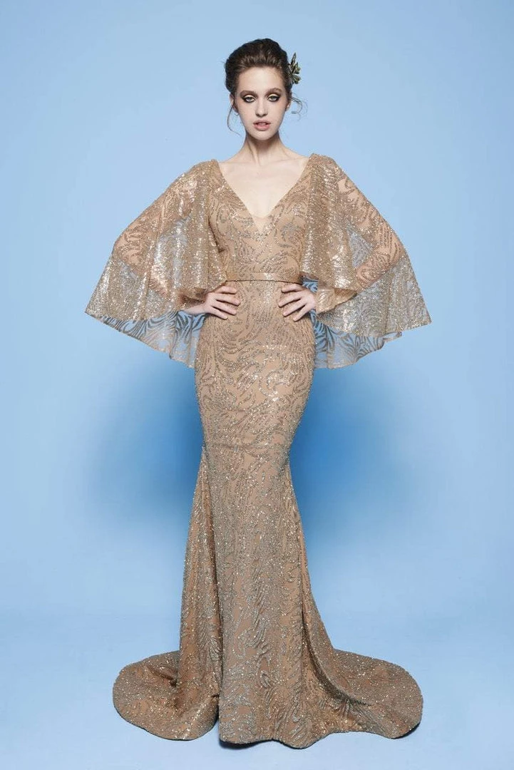 Formal Gowns MNM Couture - N0245 Sequin Embellished Mermaid Gown With Cape Sleeves 3 Formal Gowns MNM Couture - N0245 Sequin Embellished Mermaid Gown With Cape Sleeves