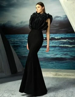 MNM Couture - Ruffled High Neck Trumpet Dress G0826 Formal Gowns