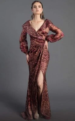 Formal Gowns MNM COUTURE - Sequined Long Sleeve V-neck Trumpet Dress 2417 - 1 Pc Burgundy In Size 6 Available