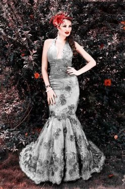 MNM COUTURE - Sleeveless Lace Floral Halter Mermaid Gown KH067 - 1 Pc Purple In Size 20; 1 Pc Silver In Size 22 Available 7 MNM COUTURE - Sleeveless Lace Floral Halter Mermaid Gown KH067 - 1 Pc Purple In Size 20; 1 Pc Silver In Size 22 Available