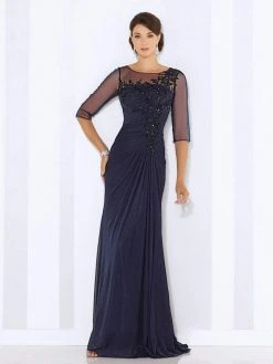 Mon Cheri - 116663 Quarter Length Sleeve Bateau Sheath Dress - 1 Pc. Champagne In Size 4 Available Formal Gowns