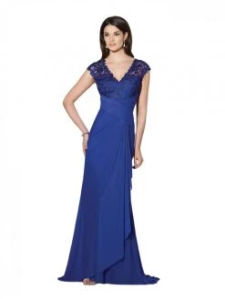 Mon Cheri -214690 V-Neck Cap Sleeve Lace Ruched Dress - 1 Pc. Dark Purple In Size 6 Available