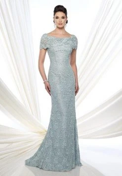 Formal Gowns Mon Cheri - 215D03 Bateau Scalloped Lace Applique Evening Gown - 1 Pc Blue Willow In Size 8 Available