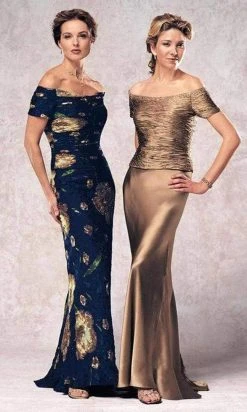 Mon Cheri - Jewel Ornate Ruched Off-shoulder Gown 24942P - 1 Pc Navy Print In Size 4P Available Formal Gowns