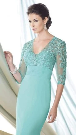 Formal Gowns Mon Cheri Lace Illusion V-Neck Mermaid Long Dress - 1 Pc Aqua/Green In Size 8 Available