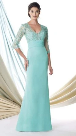 Formal Gowns Mon Cheri Lace Illusion V-Neck Mermaid Long Dress - 1 Pc Aqua/Green In Size 8 Available