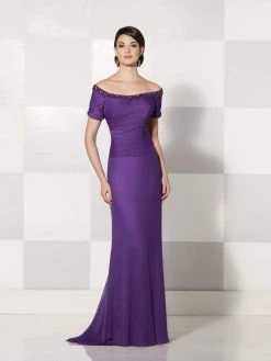 Mon Cheri - Off Shoulder Ruched Evening Gown 214687