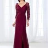 Mon Cheri Quarter Sleeve Front Twist Chiffon Evening Gown 118672 - 2 Pcs Burgundy In Sizes 10 And 20 Available