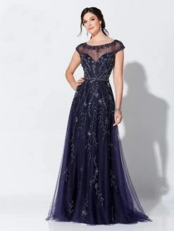 Mon Cheri - Stunning Beaded Tulle A-line Gown 119D48 - 1 Pc Navy In Size 10 Available