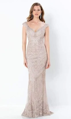 Mon Cheri - V-Neck Lace Sheath Gown 220934 - 1 Pc Stone In Size 6 Available Formal Gowns