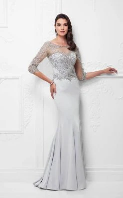 Montage By Mon Cheri - 117910 Quarter Sleeve Beaded Illusion Gown - 1 Pc Ice Gray In Size 12 Available Formal Gowns