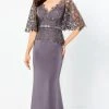 Montage By Mon Cheri - 220946 Embroidered Lace V-neck Long Dress - 1 Pc Dark Gray In Size 16 Available