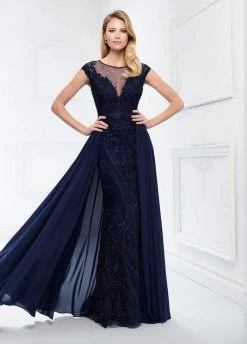 Montage By Mon Cheri - Embroidered Lace Chiffon Overskirt Gown 218914 - 1 Pc Navy In Size 10 Available Formal Gowns