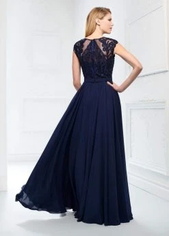 Montage By Mon Cheri - Embroidered Lace Chiffon Overskirt Gown 218914 - 1 Pc Navy In Size 10 Available Formal Gowns