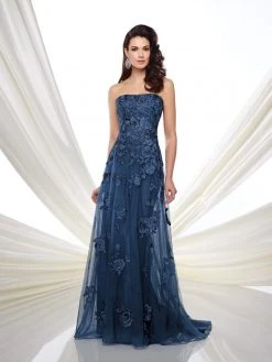 Montage By Mon Cheri - Strapless Embroidered A-line Dress 216976 - 1 Pc Navy In Size 14 Available