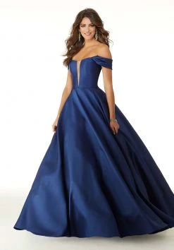 Formal Gowns Mori Lee - 43041 Drape Sleeves Illusion Plunging Neck Satin Ballgown 11 Formal Gowns Mori Lee - 43041 Drape Sleeves Illusion Plunging Neck Satin Ballgown