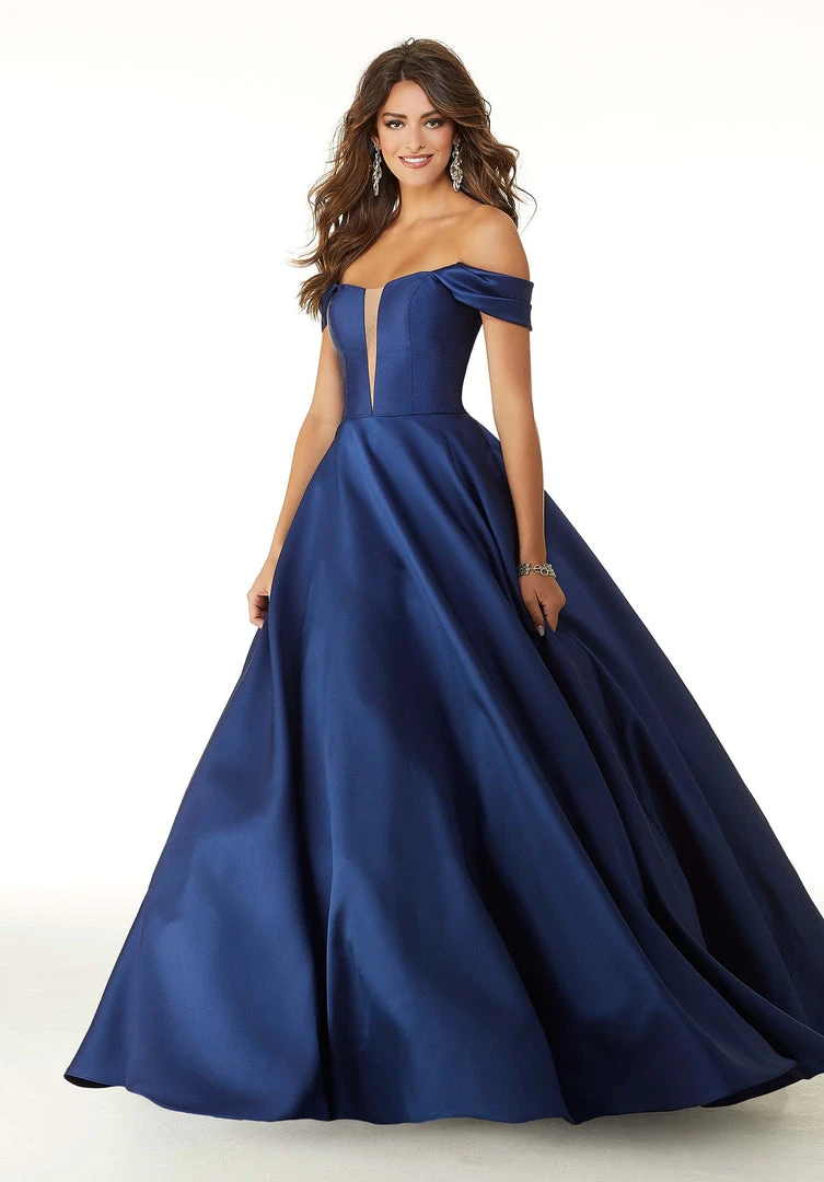 Formal Gowns Mori Lee - 43041 Drape Sleeves Illusion Plunging Neck Satin Ballgown 6 Formal Gowns Mori Lee - 43041 Drape Sleeves Illusion Plunging Neck Satin Ballgown