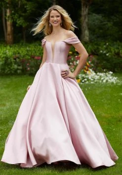 Formal Gowns Mori Lee - 43041 Drape Sleeves Illusion Plunging Neck Satin Ballgown 13 Formal Gowns Mori Lee - 43041 Drape Sleeves Illusion Plunging Neck Satin Ballgown