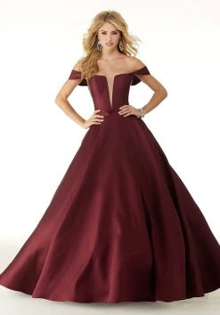 Formal Gowns Mori Lee - 43041 Drape Sleeves Illusion Plunging Neck Satin Ballgown