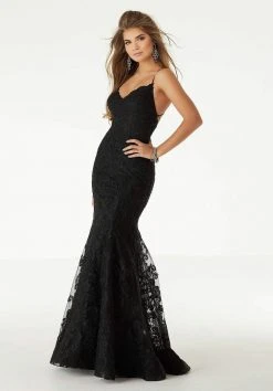 Mori Lee - 45005 Allover Embroidery Sparkle Net V Neck Mermaid Dress