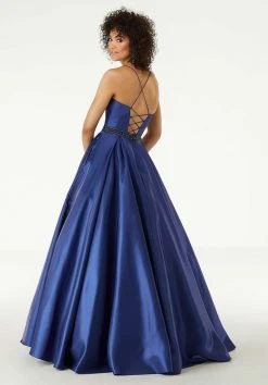 Formal Gowns Mori Lee - 45007 Shirred Plunging Shimmer Satin Gown
