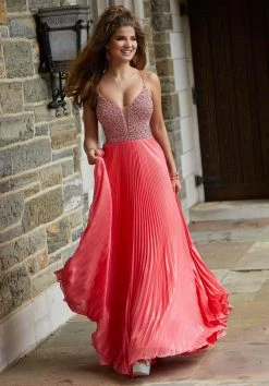 Formal Gowns Mori Lee - 45073 Beaded Deep V-neck Pleated A-line Gown