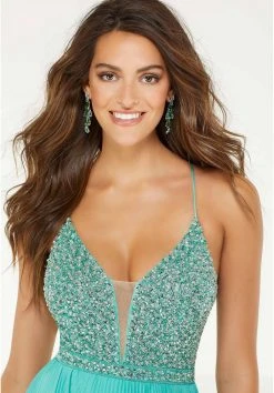 Formal Gowns Mori Lee - 45073 Beaded Deep V-neck Pleated A-line Gown