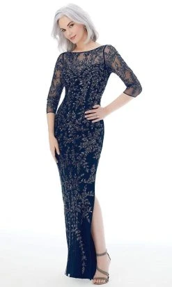 MGNY By Mori Lee Mori Lee - Illusion Bateau Neckline Bead Pattern Sheath Dress 72232 - 2 Pcs Navy In Sizes 4 And 12 Available