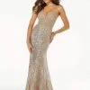Formal Gowns Mori Lee - Sequined Lace Plunging V-neck Trumpet Gown With Train 45059SC - 1 Pc Rose Gold In Size 10 Available