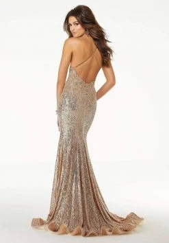Formal Gowns Mori Lee - Sequined Lace Plunging V-neck Trumpet Gown With Train 45059SC - 1 Pc Rose Gold In Size 10 Available