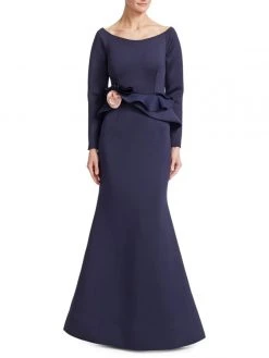 Nero By Jatin Varma - 480160 Long Sleeve Rosette Accent Peplum Gown