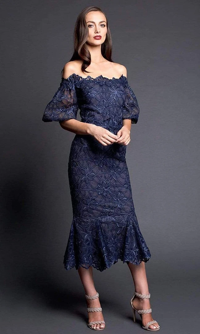 Nicole Bakti - Off-Shoulder Lace Applique Cocktail Dress 661 - 1 Pc Navy In Size 4 Available 3 Nicole Bakti - Off-Shoulder Lace Applique Cocktail Dress 661 - 1 Pc Navy In Size 4 Available