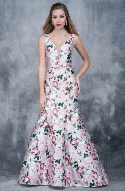 Nina Canacci - 1393 Floral Print Deep V-neck Mermaid Dress Formal Gowns