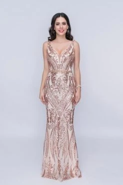 Nina Canacci - 1468 Plunging V Neck Sequined Evening Dress