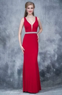 Nina Canacci - 2124 Plunging Adorned Waist Sleeveless Gown Formal Gowns