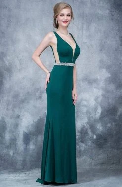 Nina Canacci - 2124 Plunging Adorned Waist Sleeveless Gown Formal Gowns