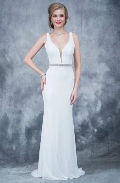 Nina Canacci - 2124 Plunging Adorned Waist Sleeveless Gown Formal Gowns