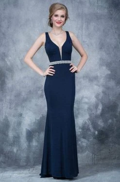 Nina Canacci - 2124 Plunging Adorned Waist Sleeveless Gown Formal Gowns