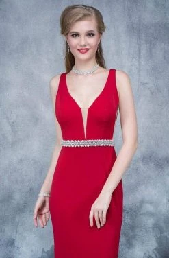 Nina Canacci - 2124 Plunging Adorned Waist Sleeveless Gown Formal Gowns