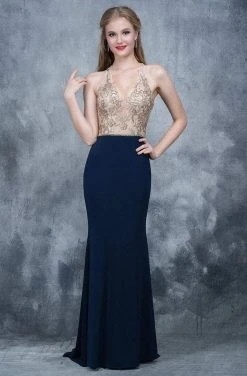 Nina Canacci - 2130 Embroidered Illusion V-neck Sheath Dress