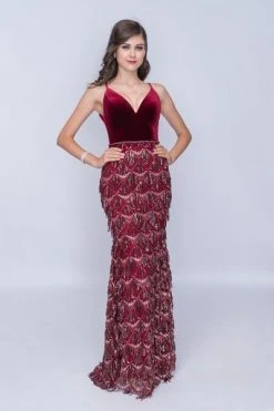 Nina Canacci - 2198 Plunging V-neck Sequined Trumpet Dress