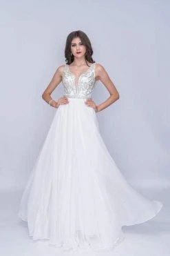 Nina Canacci - 2213 Rhinestone Accented Deep V-neck A-line Dress Formal Gowns