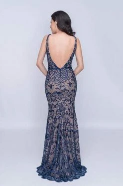 Nina Canacci - 2227 Embroidered Lace Plunging Sheath Gown