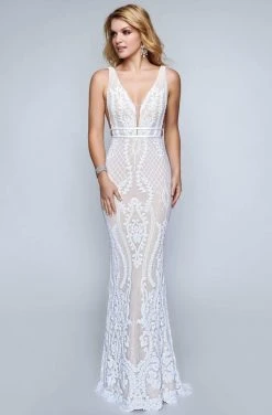 Nina Canacci - 2236 Lattice Sequined Plunging Sheath Gown