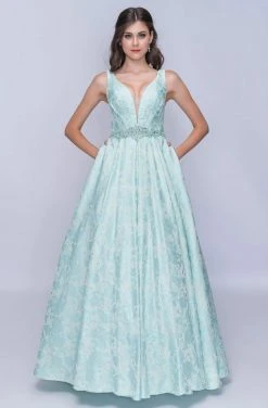 Nina Canacci - 3146 Illusion Plunging Neck Gem Embellished A Line Gown Formal Gowns