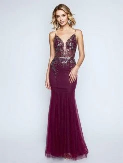 Nina Canacci - 4175 Sequined Lace Deep V-neck Trumpet Dress Formal Gowns