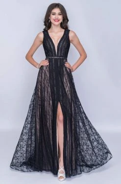 Nina Canacci - 5132 Lace Deep V-neck A-line Dress With Train Formal Gowns