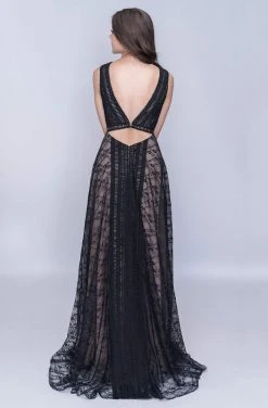 Nina Canacci - 5132 Lace Deep V-neck A-line Dress With Train Formal Gowns