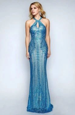 Nina Canacci - 8144 Embellished Halter Sheath Dress With Train Formal Gowns